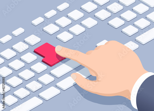 isometric vector illustration on a gray background, the hand of a man in a business suit presses a red button on the keyboard, start a process or perform an action