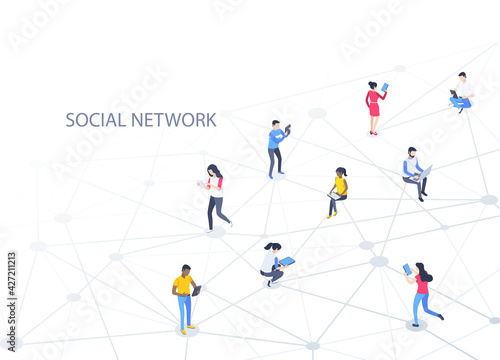 isometric vector illustration on blue background, social network and people with gadgets