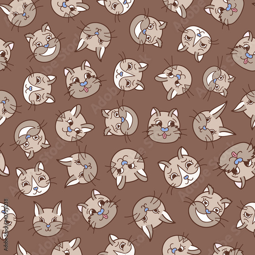Cute vector seamless hand drawn pattern with cat’s faces close up with different emotions in brown colors. Can be used for the posters, wrapping paper, bedclothes, socks, towels, notebook, packages.