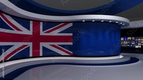 TV studio. United Kingdom. Great Britain. Britich flag studio. UK flag background. News studio. Backdrop for any green screen or chroma key video or photo production. 3d render. 3d
 photo