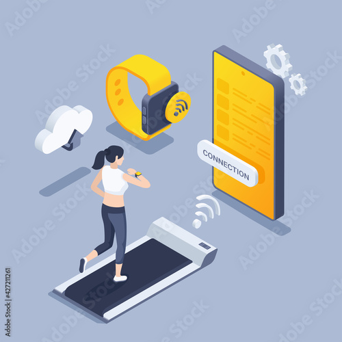 isometric vector illustration on a gray background, sports technologies, a girl running on a treadmill connected to a smartphone, transferring data between a smartphone with a smartwatch and cloud