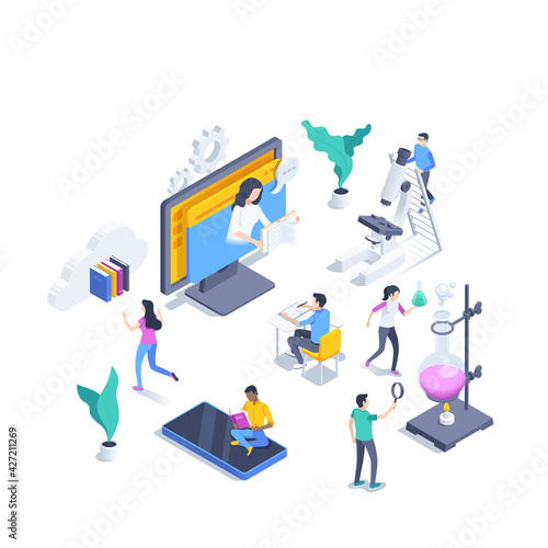 isometric vector illustration isolated on white background, teacher on computer screen teaches students a lesson, boys and girls perform laboratory work, remote learning