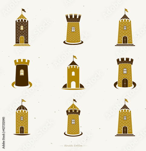 Ancient Forts emblems set. Heraldic Coat of Arms decorative logos isolated vector illustrations collection.