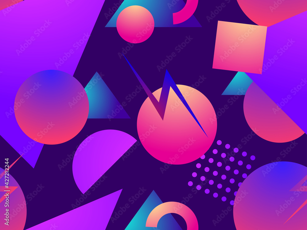 Geometric seamless pattern in 80s style with memphis elements. Gradient shape. Synthwave retro background for printing on paper, advertising materials and fabric. Vector illustration