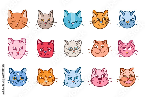 Vector set of cute cat’s faces close up with different emotions (happy, sad, angry, embarrassed, insidious, arrogant, playful, laughing, etc.). Trendy colorful illustration with hand drawn outline.