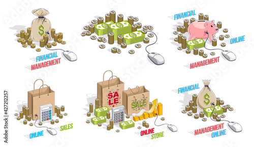 Online business and finance 3D vector illustrations set isolated on white background, money bank shopping bag and other elements with pc mouse connected conceptual designs.