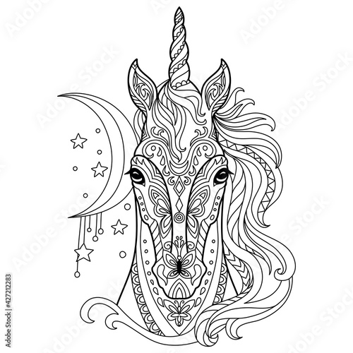 Tangle unicorn coloring book page for adult