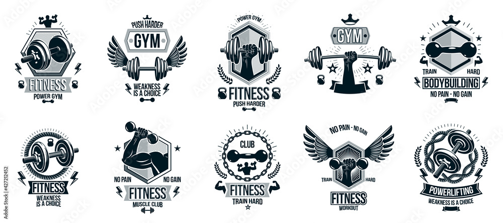 Fitness sport emblems logos or posters with barbells dumbbells kettlebells and muscle man silhouettes vector set, athletic workout active lifestyle theme, sport club or competition awards.