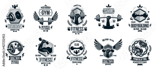 Fitness sport emblems logos or posters with barbells dumbbells kettlebells and muscle man silhouettes vector set, athletic workout active lifestyle theme, sport club or competition awards.