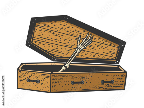 skeleton hand from coffin color sketch engraving vector illustration. T-shirt apparel print design. Scratch board imitation. Black and white hand drawn image.