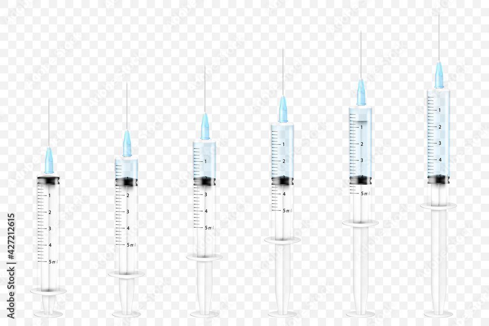 A set of medical syringes. The injection syringe is empty and filled