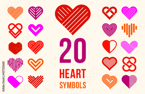 Hearts geometric linear logos vector icons or logotypes set, graphic design modern style elements, love care and charity geometrical symbols collection.
