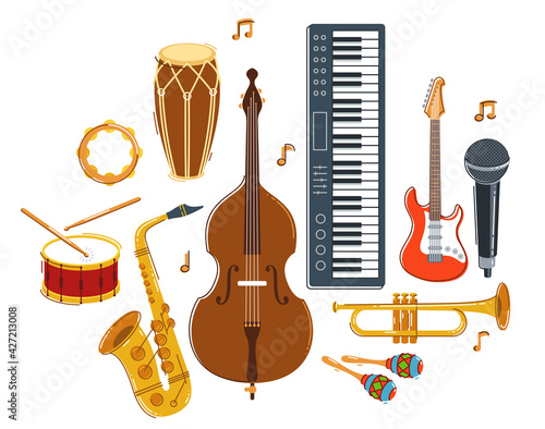 Jazz music band concept different instruments vector flat illustration isolated on white background, live sound festival or concert, musician different instruments set.