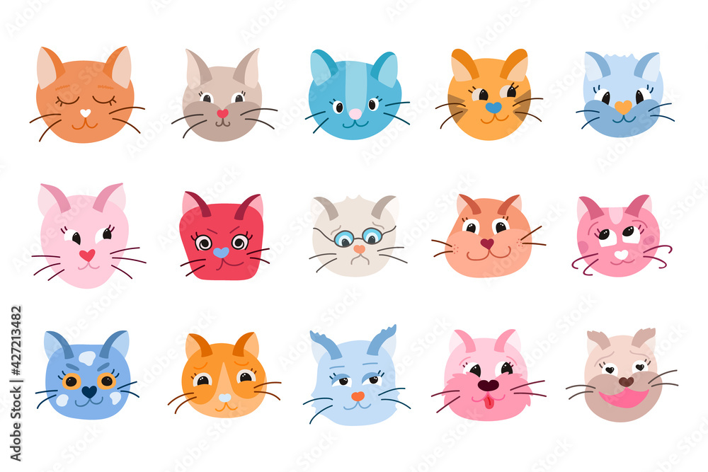 Vector set of cute cat’s faces close up with different emotions (happy, sad, angry, embarrassed, insidious, arrogant, playful, laughing, enamored etc.). Trendy colorful clipart isolated on background.