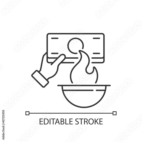 Burning money linear icon. Hungry ghost festival. Zhongyuanjie. Chinese culture. Visit ancestors. Thin line customizable illustration. Contour symbol. Vector isolated outline drawing. Editable stroke
