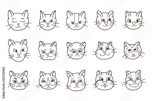 Vector set of cute cat’s faces close up with different emotions (happy, sad, angry, embarrassed, insidious, arrogant, playful, laughing, etc.). Trendy stylized doodle with hand drawn vector outline.