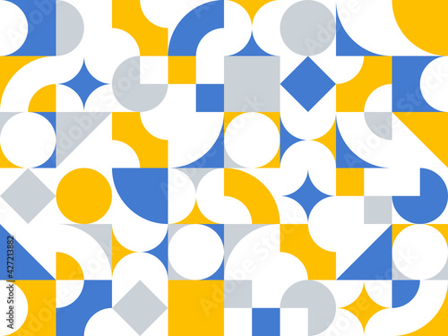 Geometric abstract seamless pattern with colorful simple elements of geometry, wallpaper background in retro 70s style, Bauhaus constructive style tiles.