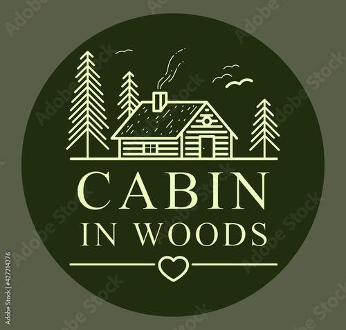 Cabin in woods with pine trees linear vector nature emblem on dark, log cabin cottage for rest, holidays and vacations theme line art drawing, woodhouse resort logo.