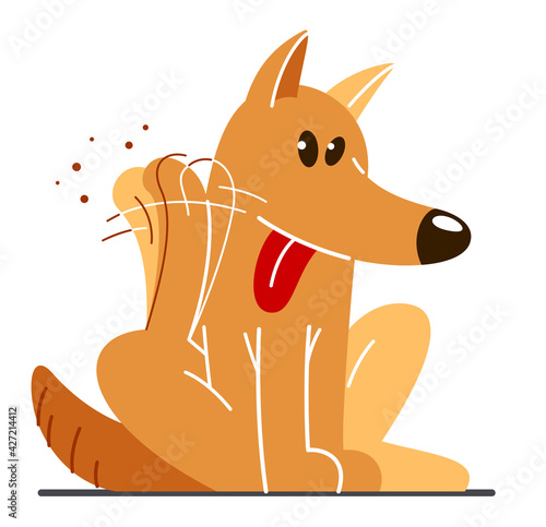 Funny cartoon dog itching and scratching vector flat style illustration isolated on white, cute and adorable domestic animal friend.