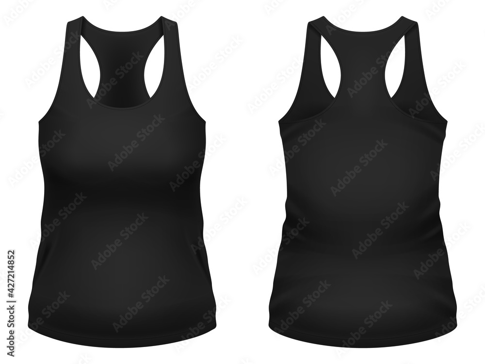 Blank black tank top template. Front and back views. Vector ...