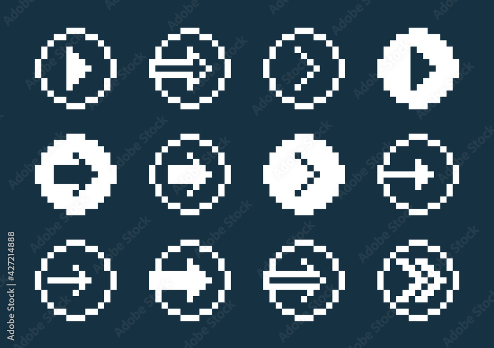 8 Bit pixel arrows in circles vector set of icons, collection of arrow direction cursors in old PC or gaming console style, single color symbols for logos. 8 Bit pixel arrows in circles vector set of icons, collection of arrow direction cursors in old PC or gaming console style, single color symbols for logos.