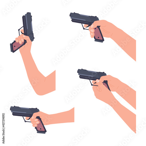 Hand holding gun vector cartoon set isolated on a white background.