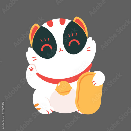Cute Japanese lucky cat with gold medal vector cartoon illustration isolated on background.