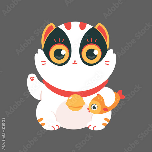 Cute Japanese lucky cat with gold fish vector cartoon illustration isolated on background.