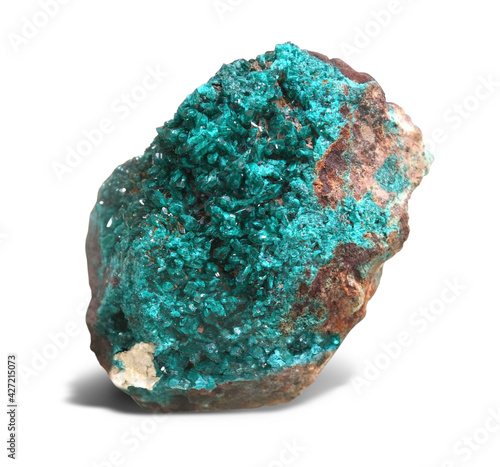 A fine sample of dioptase - green crystals on white background, very reminiscent of emeralds. Zaire - Africa Mining Site. 