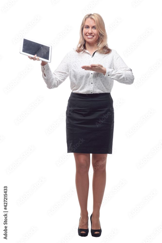 smiling young woman with a digital tablet. isolated on a white background. smiling young woman with a digital tablet. isolated on a white background.