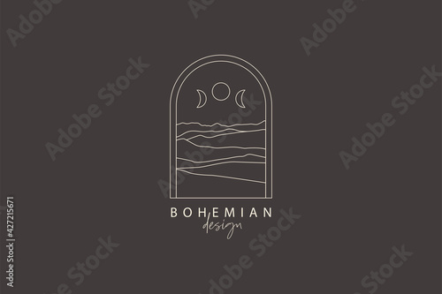 Boho logo template moon phases, desert, night landscape