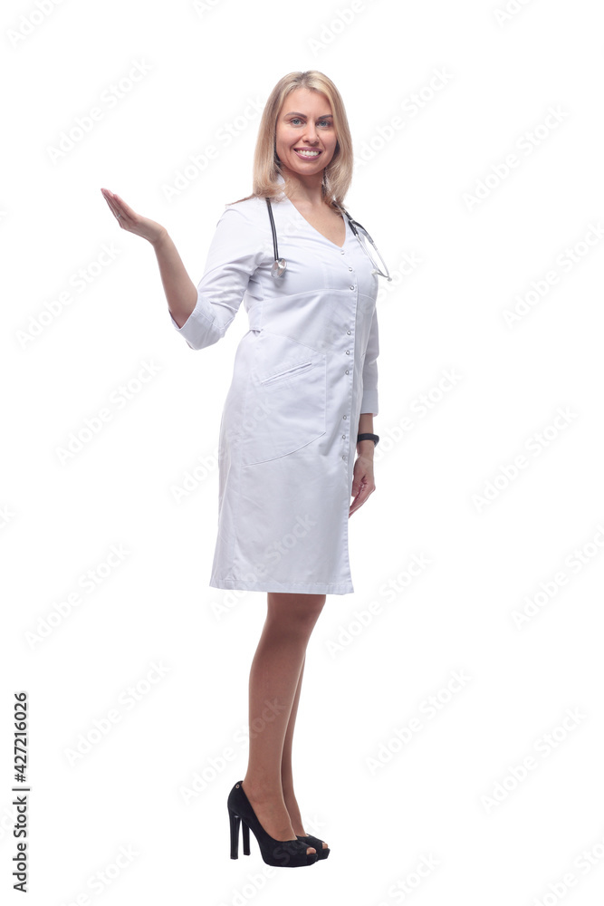 young female doctor looking at a white blank screen . young female doctor looking at a white blank screen .