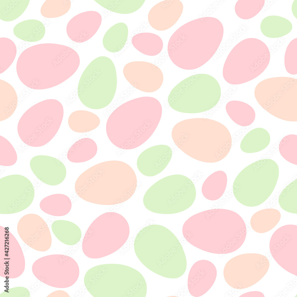 Happy Easter seamless pattern with colorful eggs on white background. Polka dots design for card, postcard, wallpaper, posters. Vector stock illustration. Cartoon style.