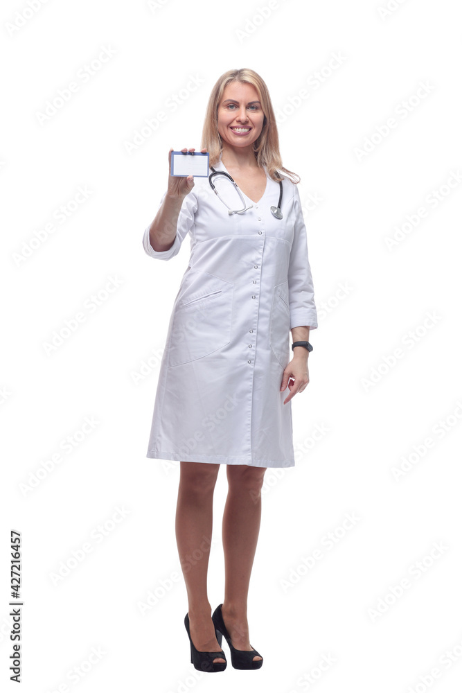 smiling doctor with a stethoscope showing her visiting card . smiling doctor with a stethoscope showing her visiting card .