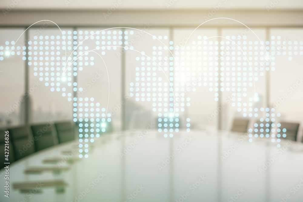 Abstract virtual world map with connections on a modern conference room background, international trading concept. Multiexposure Abstract virtual world map with connections on a modern conference room background, international trading concept. Multiexposure