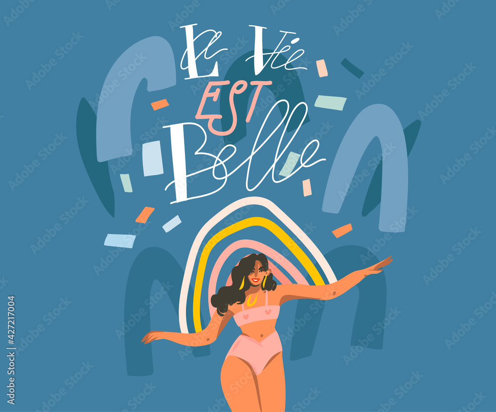 Hand drawn vector abstract stock graphic illustration, with French quote La Vie est Belle meaning Life is beautiful in English lettering and happy female isolated on colored collage background Hand drawn vector abstract stock graphic illustration, with French quote La Vie est Belle meaning Life is beautiful in English lettering and happy female isolated on colored collage background