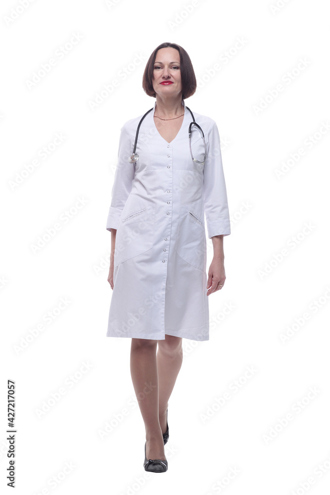 female doctor confidently goes forward . isolated on a white background. female doctor confidently goes forward . isolated on a white background.