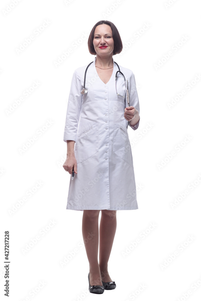 friendly female doctor with clipboard looking at you . friendly female doctor with clipboard looking at you .