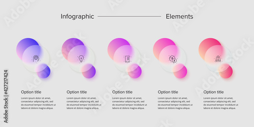 Business process chart infographics with 5 step circles. Circular corporate workflow graphic elements. Company flowchart presentation slide. Vector info graphic in glassmorphism design.