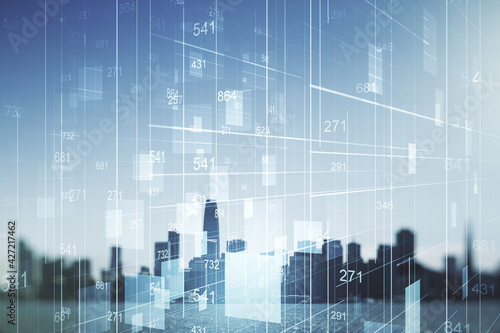 Double exposure of abstract virtual statistics data hologram on San Francisco city skyscrapers background, statistics and analytics concept