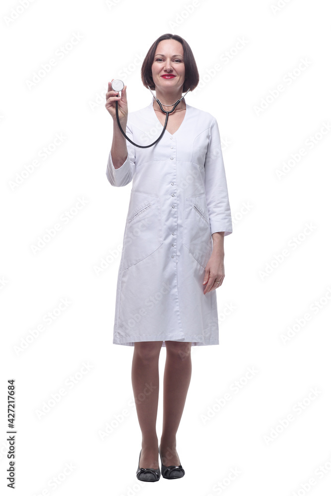 confident female doctor holds her stethoscope . isolated on a white background. confident female doctor holds her stethoscope . isolated on a white background.