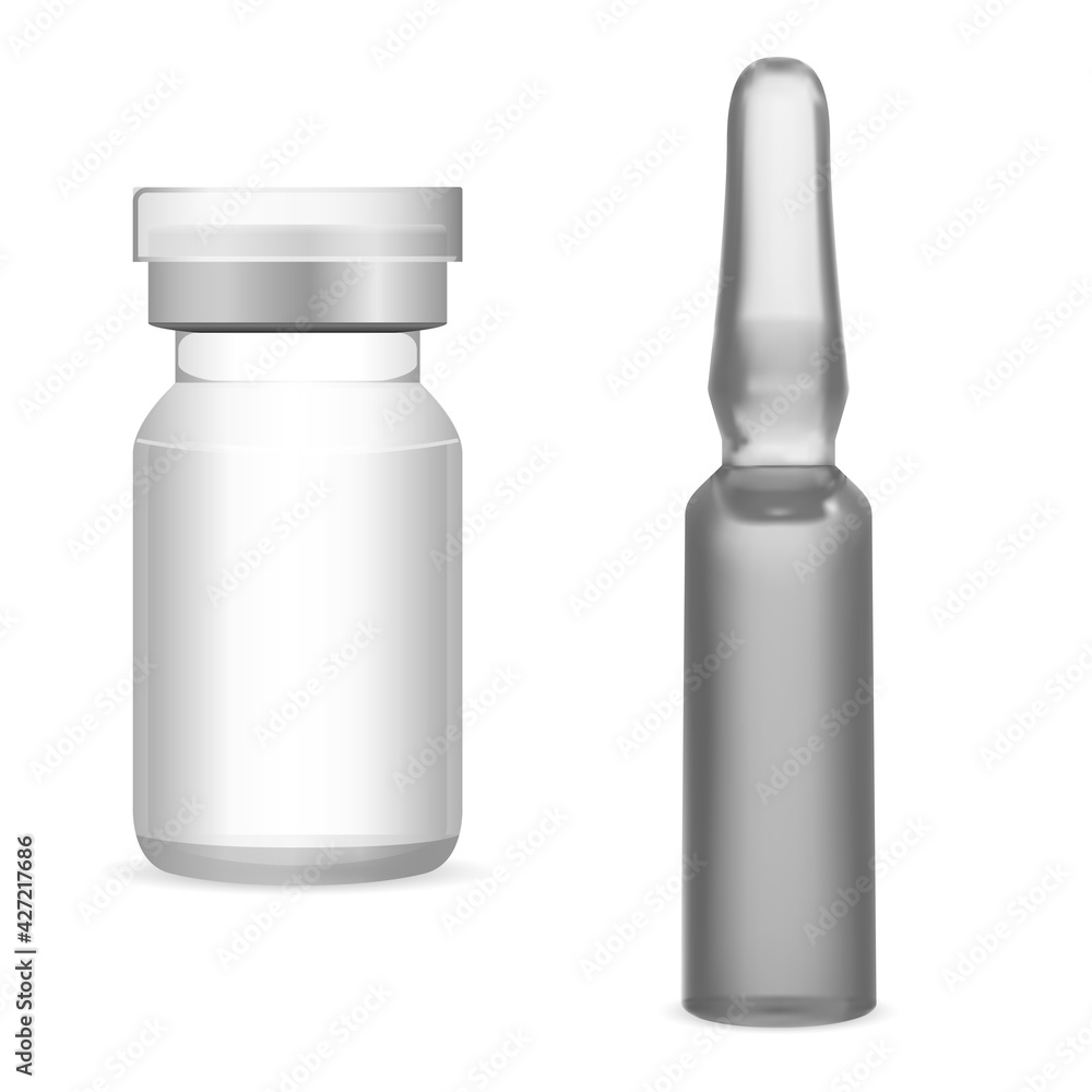 Glass medical vial. injection ampoule mockup, 3d pharmaceutical jar, medicine container for