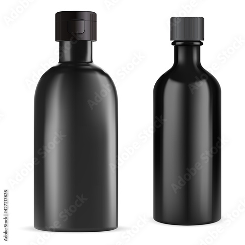 Black bottle. Essential oil vial. Medical syrup flask 3d blank. e juice container design. Herbal tincture medical bottle with screw cap. Realistic vector glossy container, pharmacy packaging