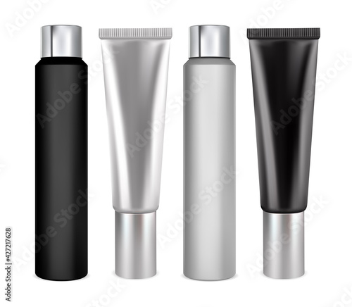Cosmetic bottle mockup. Shampoo container, cream tube, beauty product. Tooth paste vector blank. Isolated cosmetic product packaging on white background. Plastic skin care lotion design