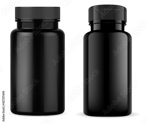 Black pill jar. Glossy black plastic tablet bottle, vitamin container mockup. Medical capsule product packaging design. Medicine drug template, sport medicament can, vertical template