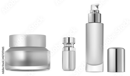 Cosmetic serum bottle set. Collagen essence container mock up.Glitter or foundation glass object. Cream jar design, eyedropper tube