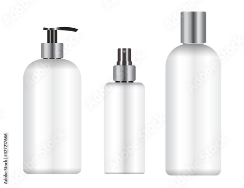 Cosmetic bottle package mockup. Beauty product pack, shampoo or soap container, shower gel template illustration. Realistic hygiene dispenser, aerosol conditioner press cap. Spa branding