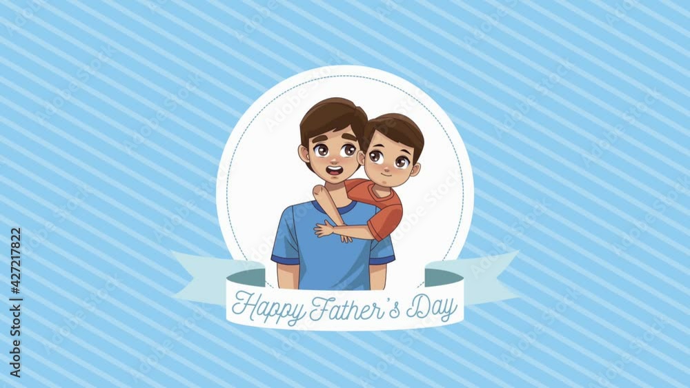 happy fathers day lettering in ribbon with dad and son characters happy fathers day lettering in ribbon with dad and son characters