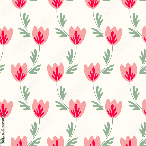 Seamless floral pattern based on traditional folk art ornaments. Colorful flowers on light background. Scandinavian style. Sweden nordic style. Vector illustration. Simple minimalistic pattern © Alla