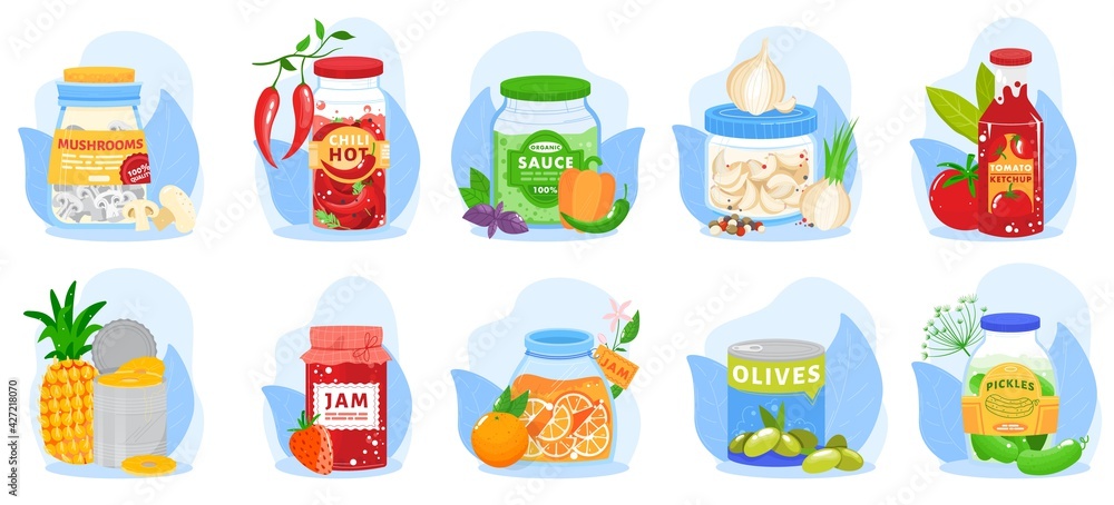 Food jar, canned tin, roomy package, grocery product, save vegetable, commodity, soup, design, cartoon style vector illustration. Food jar, canned tin, roomy package, grocery product, save vegetable, commodity, soup, design, cartoon style vector illustration.